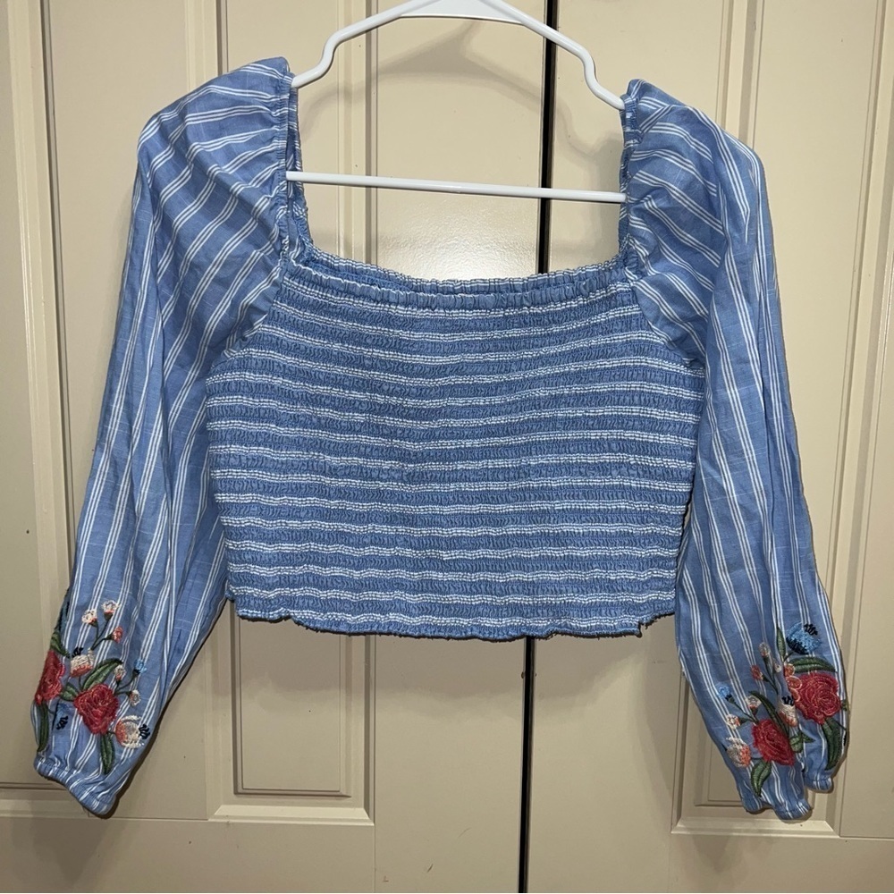 Xhilaration Striped Embroidered Smocked Square Neck Puff Sleeve Crop Top Shirt - Picture 8 of 11